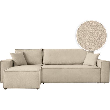 Loungitude – Canapé convertible d'angle réversible 4 places en tissu bouclette ultra doux – Dossier basculant pour lit d'appoint – Coffre de rangement intégré (1/5)