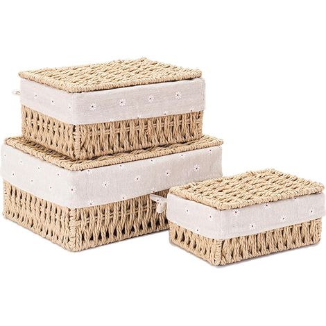 Panier Rangement Tressé Panier Osier avec Couvercle et Doublure Empilables Boite Rangement Rectangulaire pour Étagères Chambre, Salle de Bain (1/5)