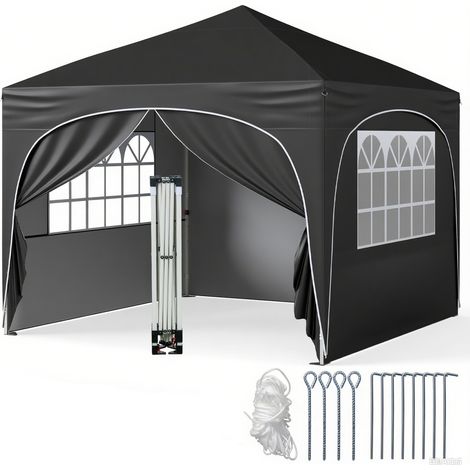 Tonnelle de Jardin 3x3M avec 4 Parois Latérales Amovibles, Tente de Reception Portable avec Sac à Roulettes, pour Fête Mariage BBQ, Noir (1/5)