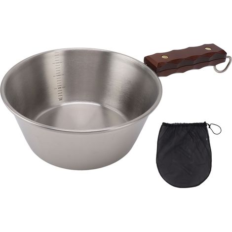 Poêle de camping en acier inoxydable 304, 2000 ml, manche en bois, sûre et portable pour la randonnée et les pique-niques en plein air, couleur argent. (1/5)