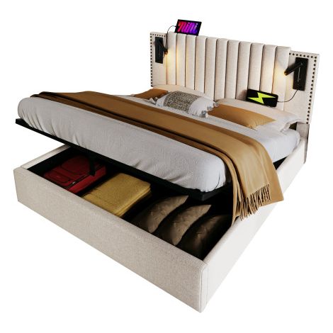Lit rembourré 160x200,lit double avec rangement,coffre de lit,lampe de lecture avec fonction de charge USB,tête de lit,dossier avec design rivet,lit avec sommier à lattes et coffre de lit,coton,beige  (1/5)