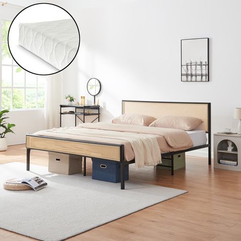 Letto Matrimoniale Linköping in Metallo Nero con Materasso 160x200 cm Testiera e Pediera Effetto Rattan [en.casa]