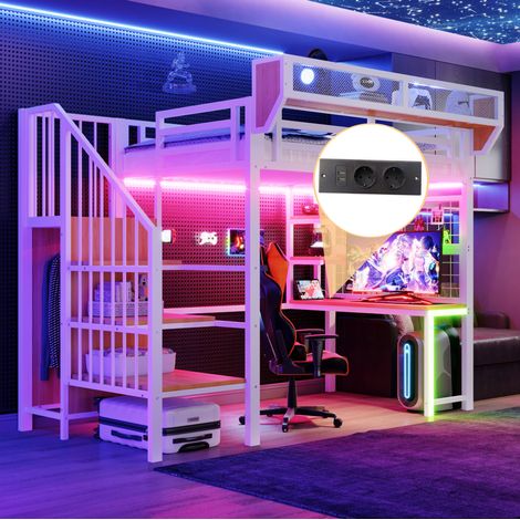 lit adulte mezzanine rangement bureau 90x200 métal OKMYHOME (1/5)