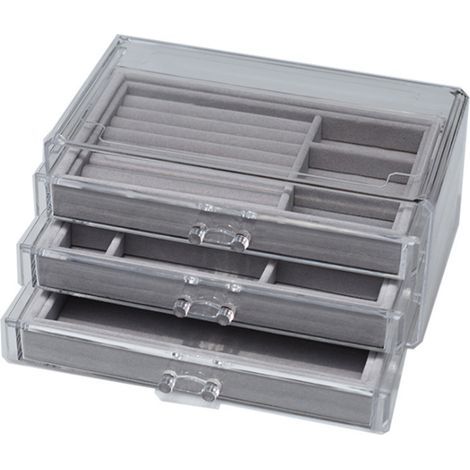 Boîte de rangement maquillage 3 tiroirs acrylique transparent, doublure velours, organisateur bijoux cosmétiques (gris) (1/5)