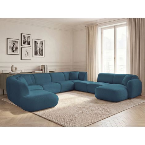BOBOCHIC - Canapé panoramique fixe modulable ANDA avec 3 chauffeuses, 1 méridienne, 2 angles et 1 pouf Angle droit Bleu clair (1/5)