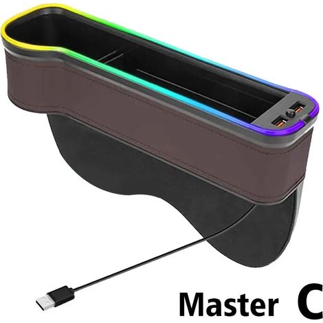 (C) Boîte de rangement pour recoins de voiture avec 2 chargeurs USB rapides, lampe d'ambiance LED, organisateur pour combler les espaces entre les sièges de voiture, accessoires intérieurs de voiture (1/5)