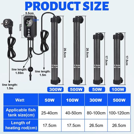 Chauffage d'Aquarium en Alliage de Titane TA2 avec Thermostat Externe Numérique et Sonde de Température Submersible pour Aquarium d'Eau Douce et de Mer 50W 100W 300W 500W