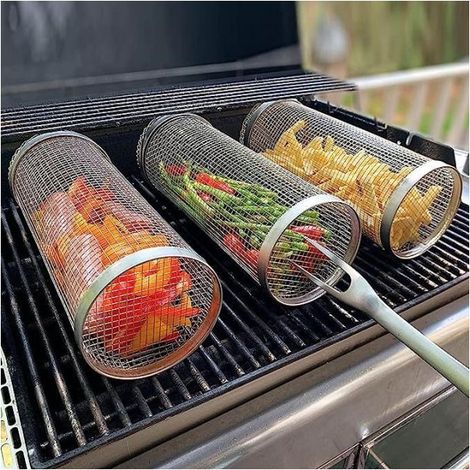 HONORNIC - Panier à griller roulant pour barbecue, 1 panier cylindrique en maille d'acier inoxydable 20 x 9 x 9 cm