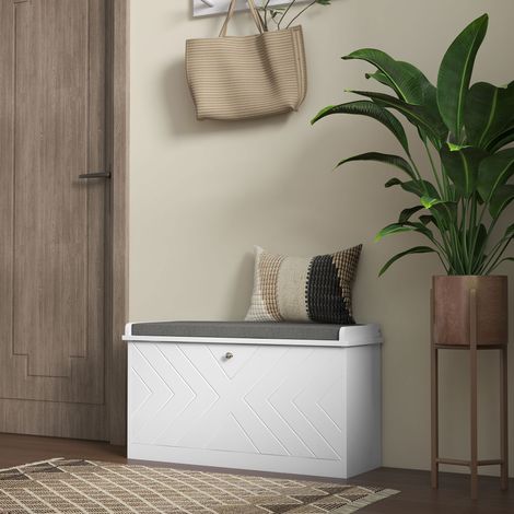 Schuhschrank mit Sitzbank, verstellbaren Einlegeböden und gepolstertem Kissen für 8 Paar Schuhe, 80 x 26 x 48 cm, Weiß