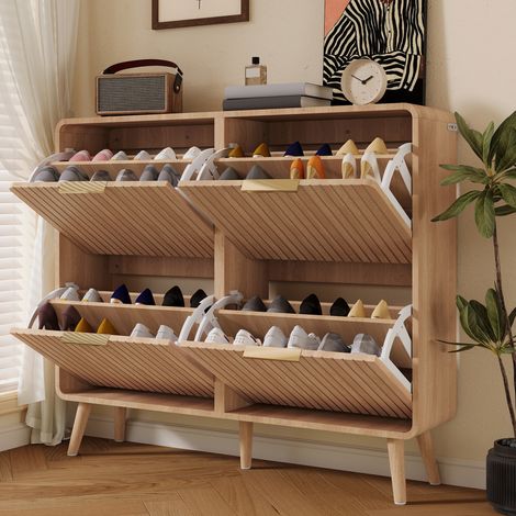 Meuble à chaussures bois clair avce 4 portes abattantes 2 couche - Rangement chaussures pieds bois massif - Meuble d'entrée scandinave, 105x24x90 cm (1/5)