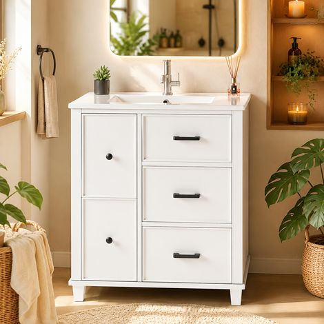 Lavabo sur pied blanc laqué, 76,5 x 47 x 83,5 cm, vasque céramique intégrée, meuble avec tiroir latéral coulissant silencieux, finition brillante, salle de bain moderne. (1/5)