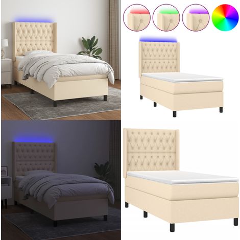 Cama box spring colchón y luces LED tela color crema 90x190 cm - Colchón con luces LED - Cama con luz LED