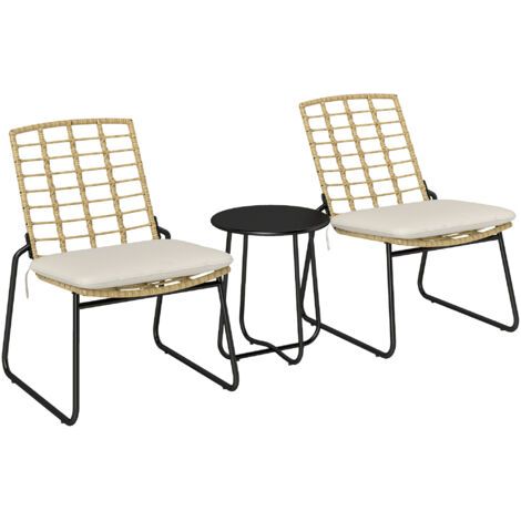 Ensemble de mobilier de jardin 3 pièces, 2 chaises en rotin, 1 table avec plateau en métal, coussins d'assise, style bistro, beige et marron (1/5)