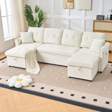 Sofá cama esquinero en U de chenilla beige con arcón y función de cama (1/5)