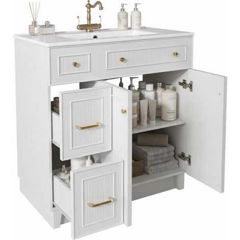 ELVMI Meuble Sous Vasque sur Pieds avec Tiroirs et Porte, Vasque en Céramique, pour Salle de Bain, MDF Laqué Blanc (1/5)