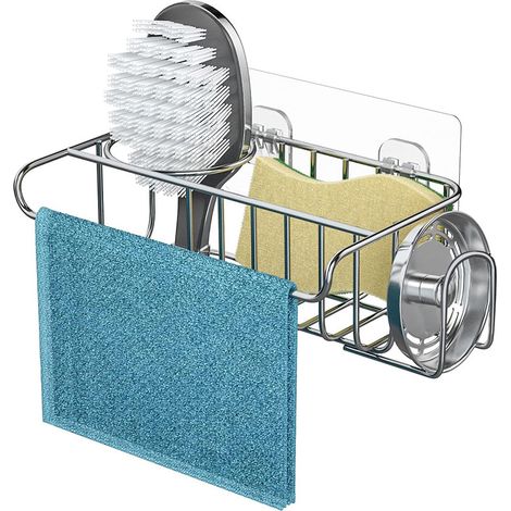 Porte-éponge d'évier 4 en 1, porte-brosse de cuisine en acier inoxydable, crochet pour torchon, porte-savon, support pour bouchon de vidange, égouttoir à éponge - argent