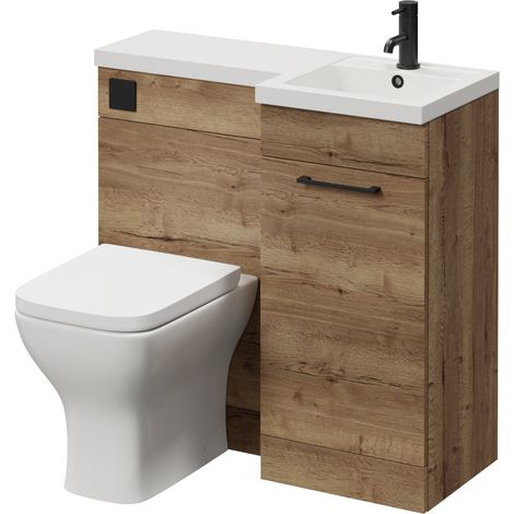 Napoli 390 Tobacco Oak 900mm Single Door Vanity Unit Toilet Suite with Right Hand Square Lucia Basin - 900mm - Matt Black 160mm HandleWith Kingston Toilet Pan and Seat