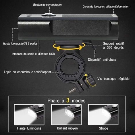 (Noir)Éclairage vélo, rechargeable par port usb - puissant Phare vélo, 3000 Lumens, Étanche IPX5 - 3 modes de luminosité, pour cyclysme