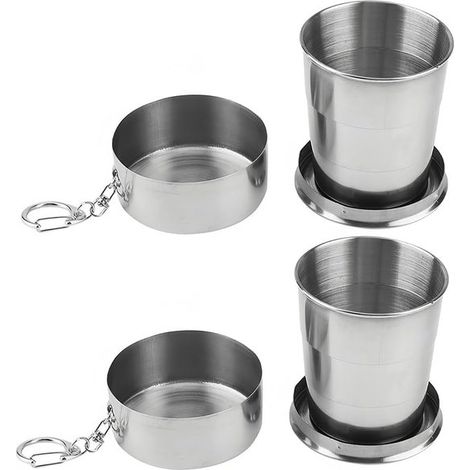 Ensemble deux pièces - 6,5 x 6,5 x 7,5 cm - Argent - Acier inoxydable - Mug pliable portable avec porte-clés - Mug de voyage pliable et réutilisable (1/5)