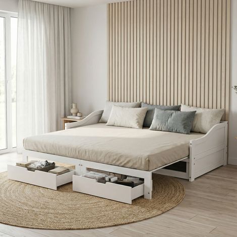 Letto estraibile 90x200/180x200 allungabile, 2 cassetti, rete a doghe in legno, salvaspazio, per bambini e adulti, stile moderno scandinavo(90x200/180x200cm, Bianco)