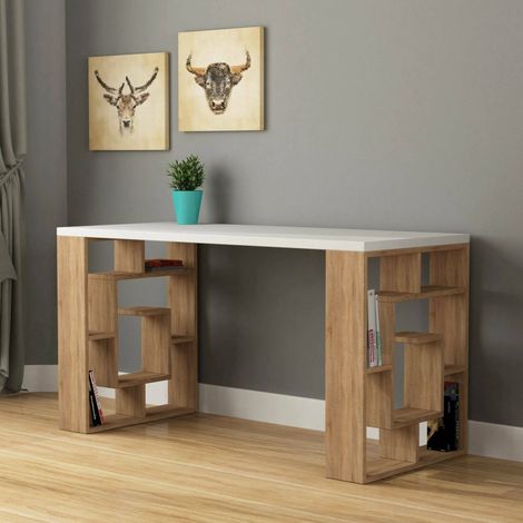 Schreibtisch Archidamia, Gestell Braun, Tischplatte Holzdekor, Regal Weiß, 140x60x75h cm Weiß (1/3)