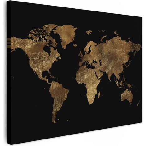 TABLEAU SUR TOILE Carte du monde - Or - Luxe - Terre - Noir Décoration Murale 40x30 cm