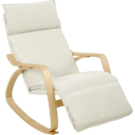 Sedia a dondolo 67x106x92 cm, poggiapiedi regolabile, imbottitura doppio strato, poliestere, bianco crema (1/5)