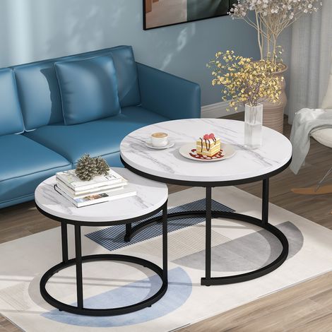 MEUBLIV 2er-Set runde Couchtische 71x50 cm Weiß Marmor – stapelbar (1/5)