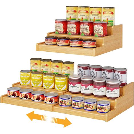 Organisateur extensible en bambou pour boîtes de conserve, support de rangement réglable à 3 niveaux, pouvant contenir jusqu'à 24 canettes, idéal pour le garde-manger, les placards et le plan de trava (1/5)