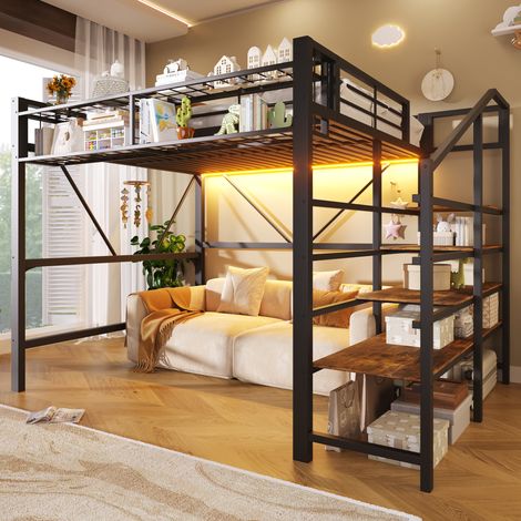 Letto alto in metallo 140 x 200 cm nero con scaffale a scala, cestino e striscia LED (1/5)