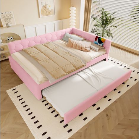 MEUBLIV Lit 140x200 cm rose – avec lit gigogne, USB et lampe, sans matelas (1/5)