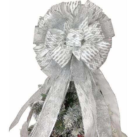 Décoration de sapin de Noël : grands nœuds décoratifs avec ruban à bord métallique (argenté) (1/4)