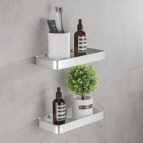 Lot de 2 Étagère Douche Sans Percage Aluminium Verre Trempé Rangement Salle de Bain Murale Argent 25cm