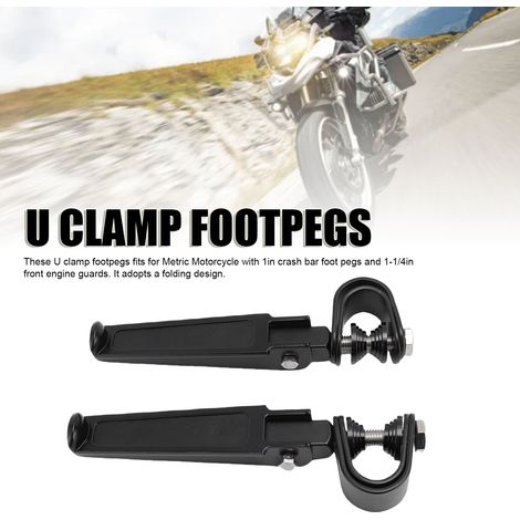 Reposapiés universales con abrazadera en U para protectores de motor de 25 mm a 32 mm, fabricados en aleación de aluminio mecanizada por CNC, con giro de 360° y 2 clavijas antideslizantes ajustables.