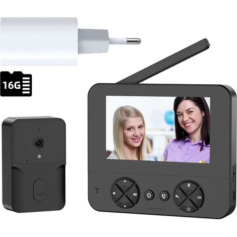 (Noir + 16 Go + Chargeur) Sonnette vidéo, écran de 4,3 pouces, HD 720p, appel bidirectionnel sans fil 2,4 GHz, vision nocturne. (1/5)