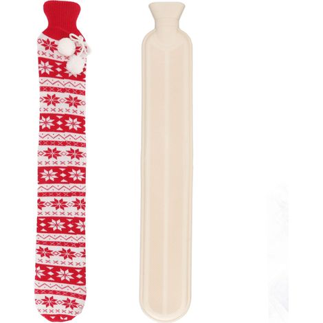 Bouillotte longue – 72 cm – 2000 ml – Housse rouge motif flocon – Chauffe-dos (1/5)
