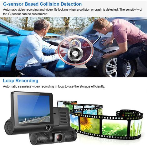 Caméra embarquée avant et arrière, enregistreur vidéo DVR HD 4 pouces grand angle 1080p 170° avec vision nocturne, capteur G, enregistrement en boucle et détection de mouvement (1/4)