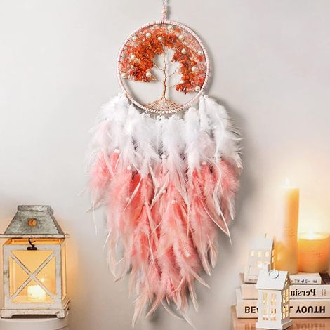 Mobile de Vie en Cristal de Bohème Artisanal, Attrape-Rêves à Plumes pour Chambre, Mariage, Décoration Murale Rose (1/5)