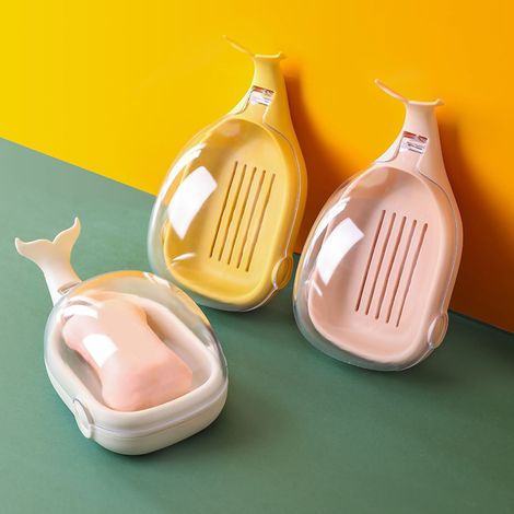 Porte-savon étanche à couvercle rabattable en forme de baleine mignonne, boîte de rangement égouttoir pour savon de bain, rose. (1/5)