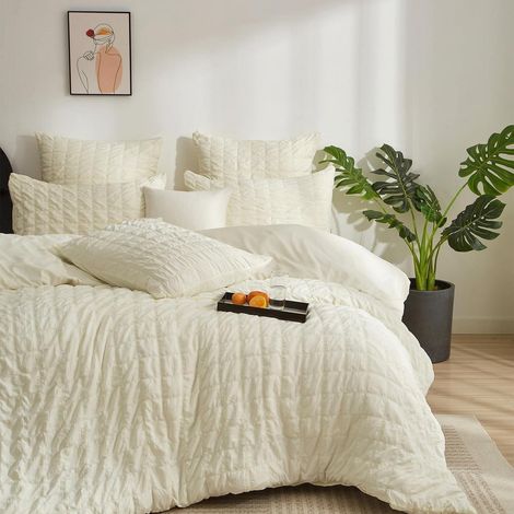 Seersucker Bettwäsche 200x200 cm Beige Kariert 3-teilig Mikrofaser mit Reißverschluss