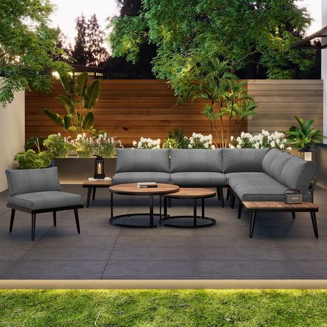 Salon de jardin modulable 5-6 personnes 2 canapés 2 places 2 fauteuils 2 tables plateau acacia massif cadre acier galvanisé coussins épais 8 cm gris