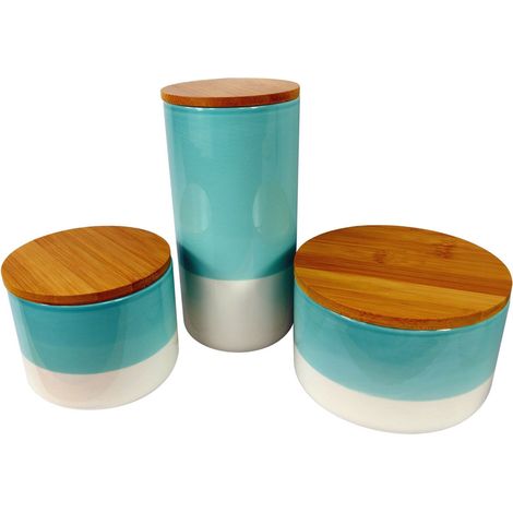 Set of Three Canisters Aqua Green Ceramic Storage Jars with Lids (1/5)