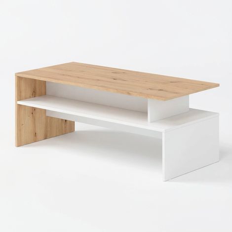 Tavolino Da Caffè Soggiorno Moderno Con Ripiano E Vani A Giorno Design Elegante E Funzionale Struttura Resistente In Melaminico Ideale Per Living Moderni 108 x 50 x 43 cm Bianco Opaco E Quercia