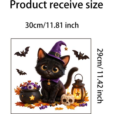 Autocollant statique Chat Noir Magicien d'Halloween pour centres commerciaux, vitrines et décorations de fêtes - JDT6072 (3029cm)