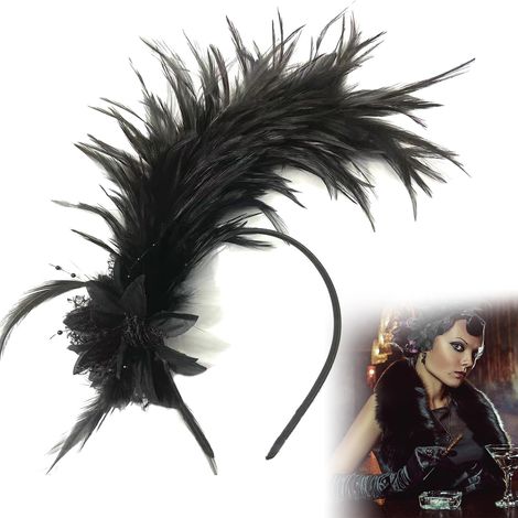 Bandeau Plumes de Fleur Artificielle,Années 1920 Fascinateur,Vintage Serre Tete Plumes Noir,1920S Accessoires Cheveux pour Cocktail Mariage Goûter Décoration,pour Halloween Carnaval Cosplay Party (1/5)