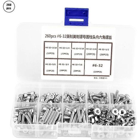 Assortiment de 260 vis et écrous à tête cylindrique creuse en acier inoxydable n° 6-32