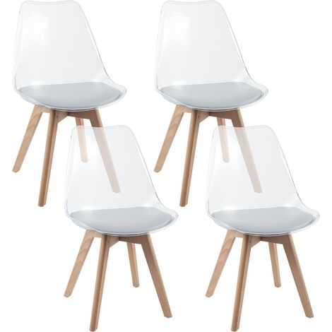 COSTWAY Lot de 4 Chaises de Salle à Manger Scandinave, Chaise Cuisine Transparente, Pieds Inclinés en Bois de Hêtre, Siège Rembourré en Simili Cuir, pour Cuisine, Salon (Blanc Transparent)