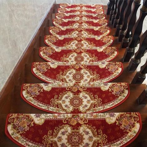 Ensemble de tapis de marche d'escalier Motif floral classique rouge foncé semi-circulaire 2465 cm + bord pliant de 3 cm 3 pièces Antidérapant autocollant pour escaliers intérieurs (1/3)