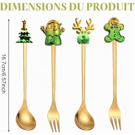 Ensemble de 4 couverts de Noël en acier inoxydable doré, avec cuillères et fourchettes, motif Père Noël, sapin, bonhomme en pain d'épice et renne. Idéal comme cadeau de Noël. (1/4)