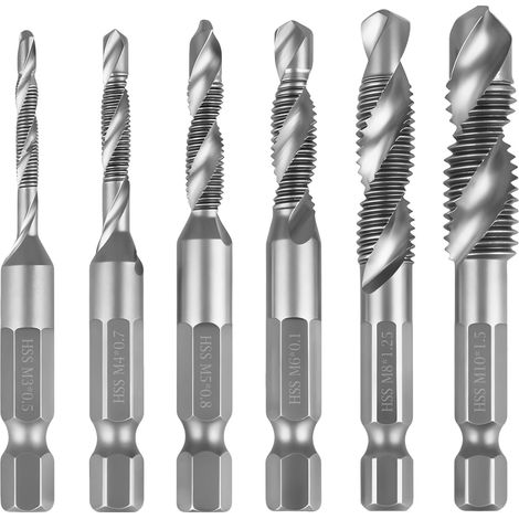 6-teiliges Kombinationsbohrer- und Gewindeschneidset, M3, M4, M5, M6, M8, M10, mit 6-mm-Sechskantschaft, geeignet zum Bohren und Gewindeschneiden, vielseitiges Werkzeug, mit rostbeständiger Silberbesc (1/5)